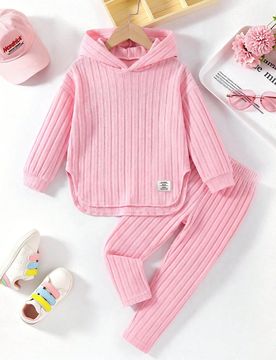 Conjunto de 2 piezas para niñas jóvenes con top de manga larga con capucha rosa y pantalones de punto suave de cintura elástica, casual y holgado,