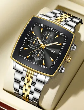 Reloj de pulsera clásico de moda para hombre con esfera cuadrada de tres ojos y calendario, elegante reloj de cuarzo (1 pieza/set), caja de reloj no - Shein - FashionsVida