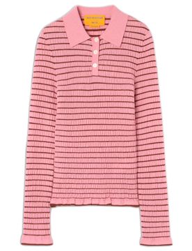 Long-Sleeve Striped Cashmere Slim-Fit Polo with Gathered Detail