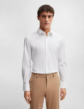 Camicia bianca Hank slim fit in tessuto tecnico stretch con colletto Kent - BOSS - FashionsVida