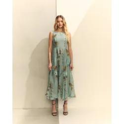 Vestido midi sin mangas con costadillos y estampado floral grande