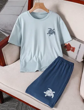 Piezas Conjunto de manga corta y pantalones cortos para niños preadolescentes primavera/verano, estampado único de tortuga y pantalones cortos a jue - Shein - FashionsVida