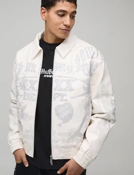 Men's PU Printed Graphic Varsity Jacket Ecru Size Large Ecru L - boohooMAN - FashionsVida