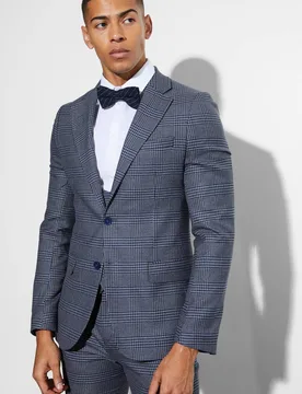 Men's Skinny Fit Single Breasted Checked Blazer Navy Size 36 Navy 36 - boohooMAN - FashionsVida
