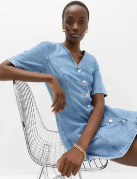 Denim V-Neck Button Through Mini Swing Dress Denim female - M&S - FashionsVida