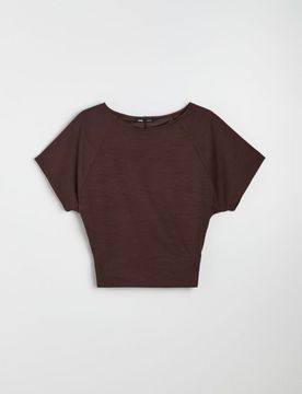 Blusa con misto viscosa e manica raglan - marrone