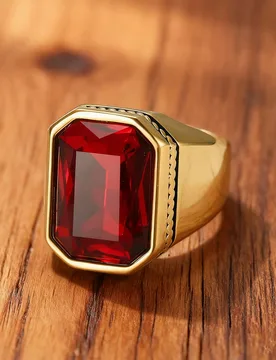 Anillo de hombre sencillo de acero inoxidable chapado en oro de 18K con circonita cúbica roja, estilo vintage de lujo, 1 pieza, joyería, regalo de c - Shein - FashionsVida