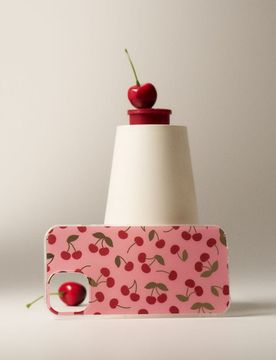 Custodia per iPhone 13/14 con motivo di ciliegie - rosa