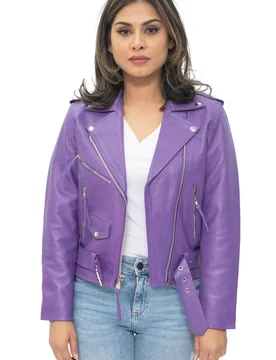 Women's Cowhide Brando Leather Biker Jacket-Murcia in Purple Size: 12 - Purple - Size: 12 - Infinity Leather - FashionsVida