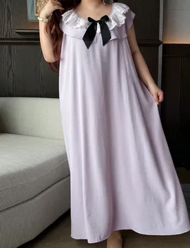 Camisón largo sin mangas para mujer de talla grande con cuello de volantes y lazo de contraste romántico, pijama de primavera/verano - Shein - FashionsVida