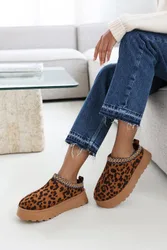 Wheres Womens 'Meilani' Cosy Faux-Suede Fur Lining Platform Low Ankle Boot - Leopard - Size Uk 3