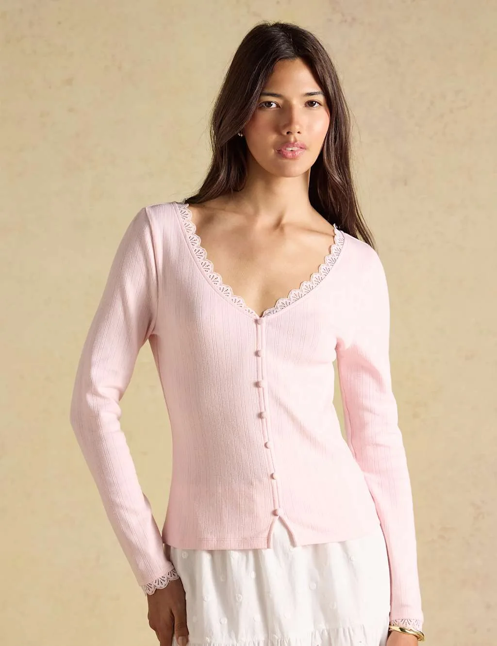 Cotton Rich Lace Insert Button Front Top Pink female - Joules - FashionsVida