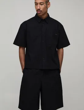 Men's Ripstop Oversized Boxy Cargo Shirt & Parachute Short Set Black Size Large Black L - boohooMAN - FashionsVida