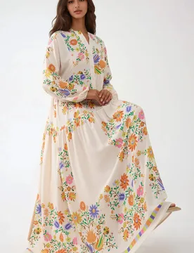 Womens Printed V-Neck Maxi Dress With Button Detail - Ivory - Size X-Large - Hiccup - FashionsVida