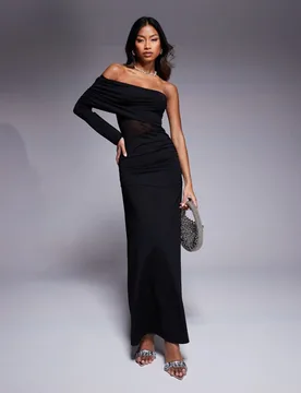 Womens Asymmetric One Shoulder Maxi Dress With Mesh Cut Out In Black - Size Large - ASOS DESIGN - FashionsVida