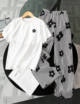 Conjunto de 2 piezas de camiseta blanca + pantalones rectos a rayas casuales cómodos para niñas - Shein - FashionsVida