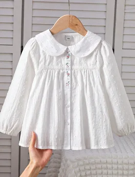 Camisa de manga larga con cuello Peter Pan de algodón puro para niñas, top de otoño - Shein - FashionsVida
