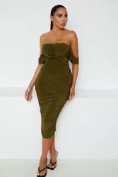 Womens Bardot Cowl Neck Ruched Midi Dress - Olive - Size 12 Uk