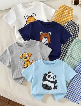 Conjunto Aleatorio, Conjunto de Ropa con Estampado de Dinosaurios para Niños, Ropa Infantil Linda, Conjunto a Juego, Top de Cuello Redondo con Patró - Shein - FashionsVida
