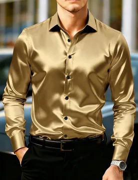 Camisa de seda de satén elegante para hombre, camisa de vestir de manga larga con textura en color dorado champán para uso formal, fiesta, invierno, - Shein - FashionsVida