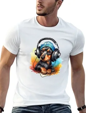 Black and Tan Dachshund with headphones and beanie dreamscape style T-Shirt man t shirt luxury t shirt man casual T-Shirt - Aliexpress - FashionsVida