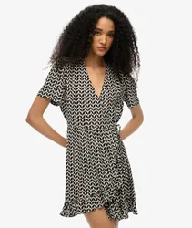 Superdry Damen Kurzärmeliges, Bedrucktes Mini-wickelkleid Schwarz - Größe: 44