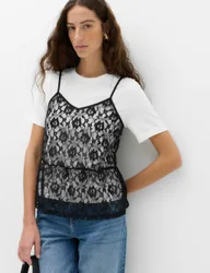 Pure Cotton Lace Double Layer T-Shirt White Mix female