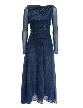Metallic-Thread Draped Midi Dress - Talbot Runhof - FashionsVida