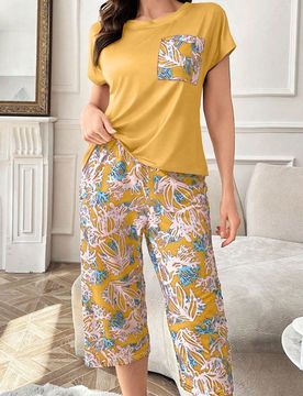 Conjunto de pijama casual para mujer con cuello redondo, bolsillo y pantalón capri de tela de punto estampada, conjunto de pijama amarillo, conjunto