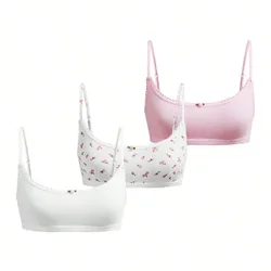 Juego de 3 piezas de sujetadores de mujer de algodón puro tejido con estampado floral, cómodos y con decoración de capullos