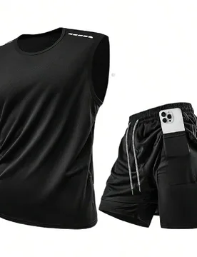 Set de 2 piezas Conjunto deportivo y de fitness para hombres, chaleco + pantalones cortos, conjunto de entrenamiento de verano para interiores/exterio - Shein - FashionsVida