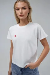 Womens Embroidered Crew Neck Short Sleeve 100% Cotton T-Shirt - White - Size X-Large