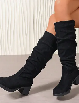 Botas de media pantorrilla de suela gruesa y tacón ancho con puntera redonda de ante sintético para mujer, otoño/invierno 2025 - Botas altas de cu? - Shein - FashionsVida