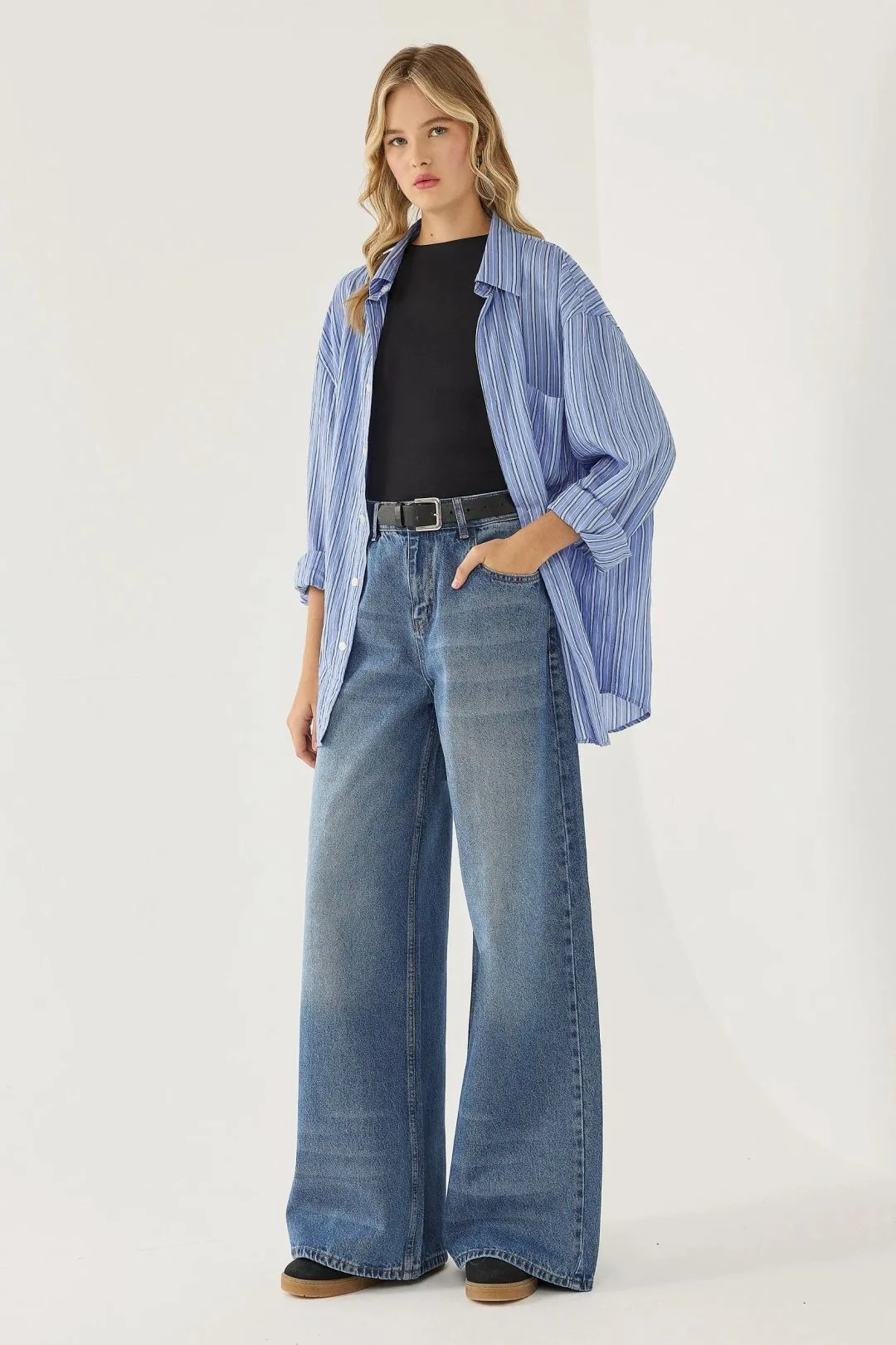 Womens Wide Leg Washed Effect Jeans - Sky Blue - Size Medium - Hiccup - FashionsVida