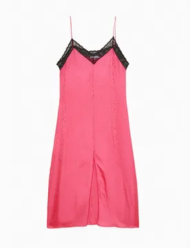 Abito corto fucsia a sottoveste in viscosa con disegno cangiante animalier e inserto in pizzo nero sullo scollo - Patrizia pepe - FashionsVida