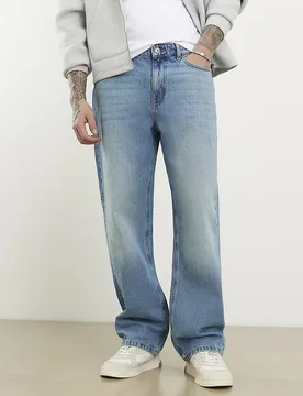 Mens Loose Fit Jeans Blue Denim Button Zip Cotton - Size 38 Long - River Island - FashionsVida