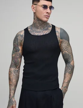 Mens Tall Muscle Fit Textured Ribbed Vest - Black Cotton - Size X-Large - boohooMAN - FashionsVida