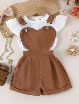 Conjunto de 2 piezas para niñas jóvenes, top casual de exterior con mangas acampanadas acanaladas & peto de pana, grosor medio-fino, primavera/veran - Shein - FashionsVida