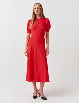 Collared Button Front Midi Tea Dress Red female - GHOST - FashionsVida