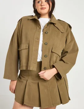Womens Plus Funnel Neck Twill Utility Shacket - Khaki - Size 20 Uk - Boohoo - FashionsVida