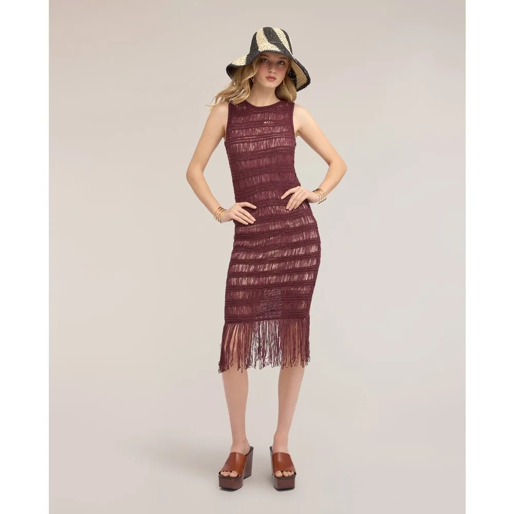 Vestido tubo de punto macramé con flecos largo largo sin cierre - Motivi - FashionsVida