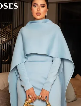 ROSES Softly Blue Prom Dress Stylishly Cape Party Dresses Long Sleeves Sophisticated Sheath Formal Occasion Dresses Customized - Aliexpress - FashionsVida
