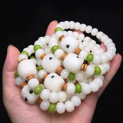 Soft White Bodhi Root Apple Bead Bracelet with Charcoal-Burned Fortune Cat Buddhist Beads Couple's Jewelry