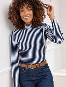 Women's Wrinkle Free Long Sleeve Stripe Turtleneck Top in Navy Size: 18 - Navy - Size: 18 - Cotton Traders - FashionsVida