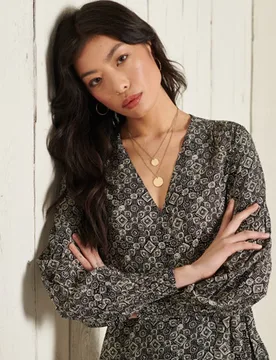 Superdry Damen Bohemian Wickelkleid Schwarz - Größe: 10 - 89.99 - FashionsVida