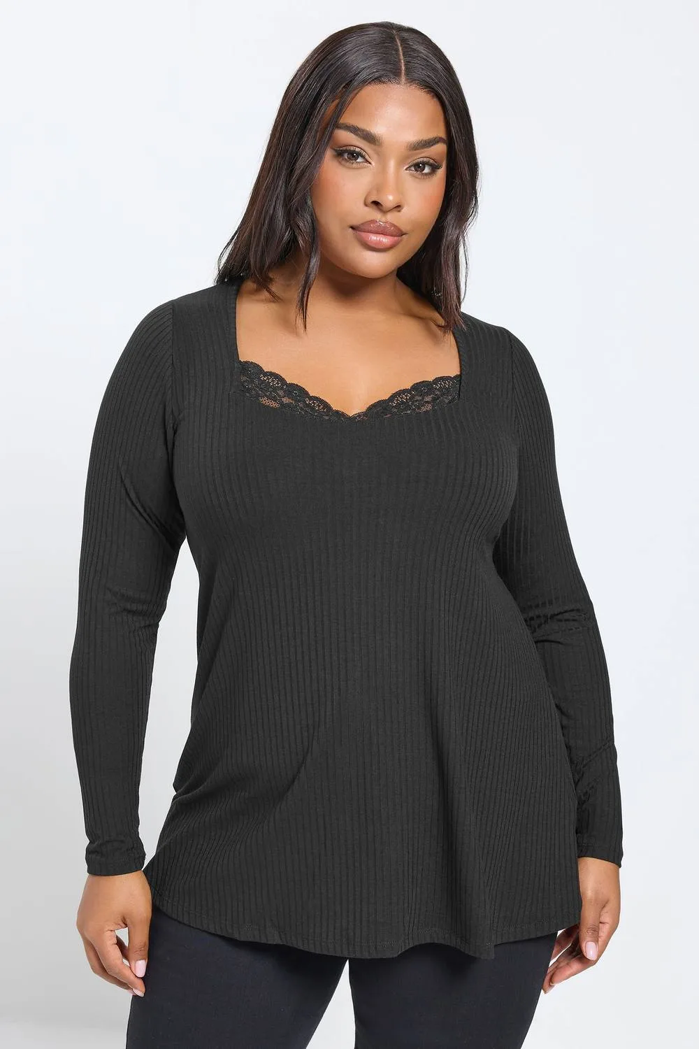 Lace Insert Ribbed Top - Black - Size: 34-36 - Yours - FashionsVida
