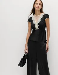 Satin Lace Insert Top Black female