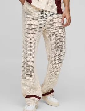 Men's Relaxed Fit Open Stitch Stripe Detail Knitted Joggers Ecru Size Medium Ecru M - boohooMAN - FashionsVida