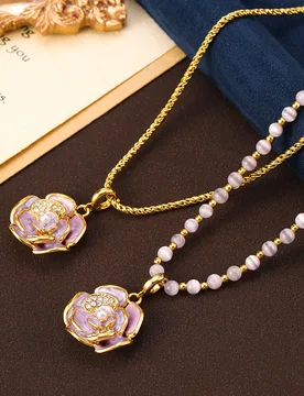 Retro Enamel Camellia Pendant Cat Eye Stone Beaded Necklace Autumn and Winter Sweater Chain Light Luxury Niche Collarbone Chain - Aliexpress - FashionsVida