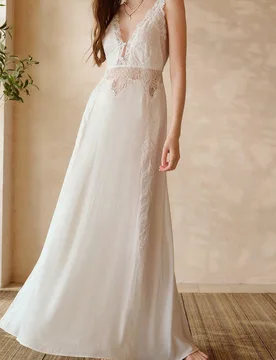 VESTIDO DE DORMIR LARGO CON PARCHES DE ENCAJE Y BORDADO, PRIMAVERA/VERANO - Shein - FashionsVida